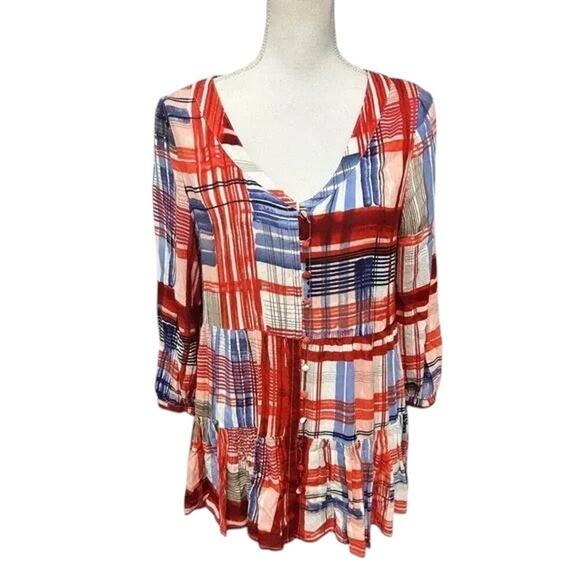 Maeve Anthropologie Lila Plaid Button Tiered Tunic Shirt Blouse Size Medium - Picture 2 of 6